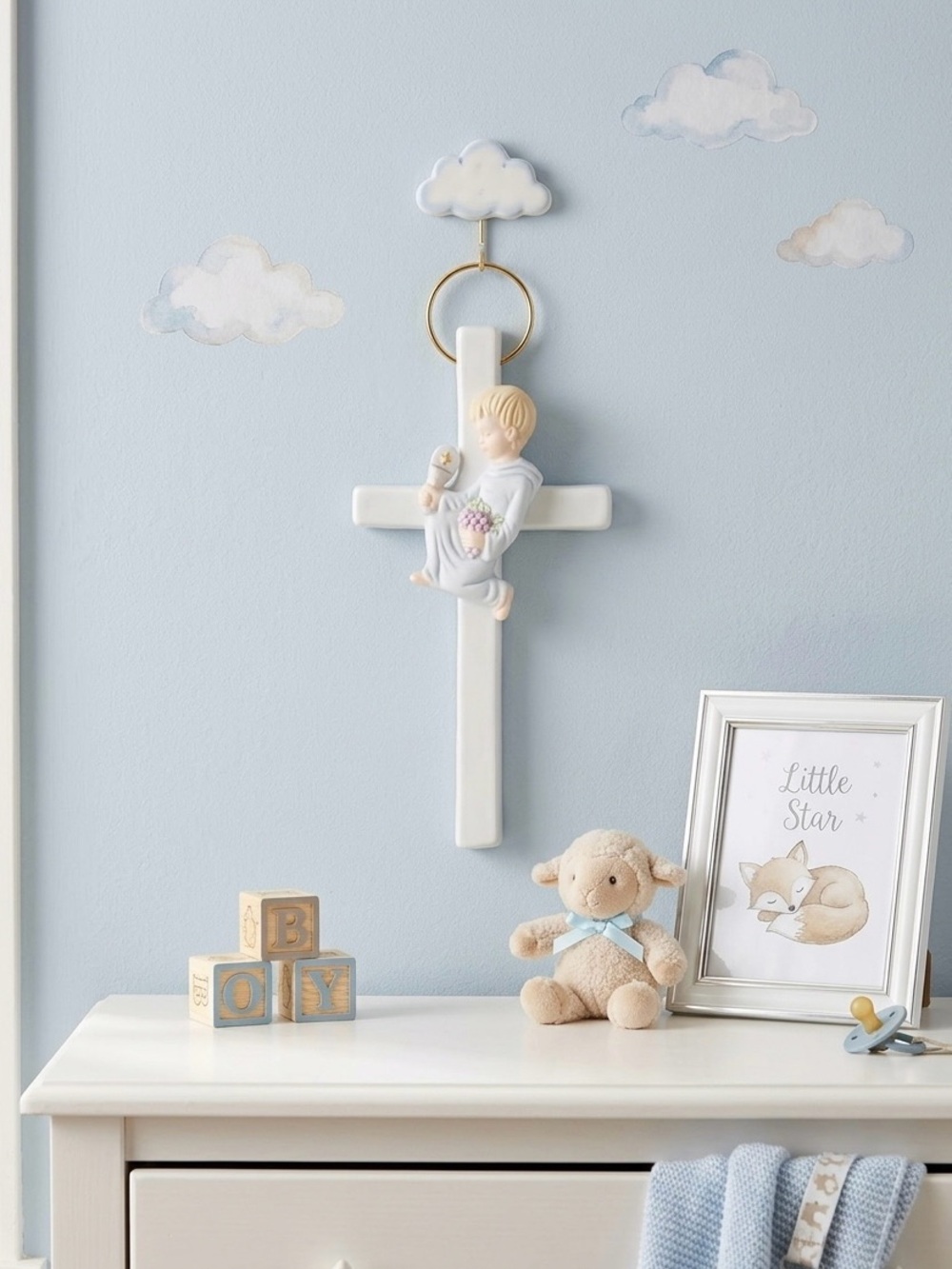 Vtg 1980s Porcelain First Communion Boy Wall Cross Made In Taiwan ROC Giftware